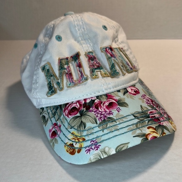 🔵 MIAMI Ball Cap Hat With Floral Brim And Adjustable Velcro Strap - Picture 1 of 9